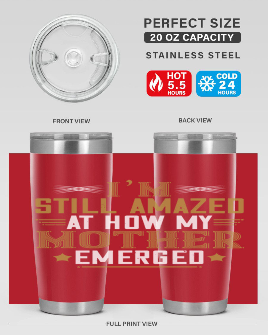 A stylish 20oz and 30oz stainless steel tumbler featuring a comforting design, perfect for keeping drinks hot or cold, showcasing the phrase about a mother's comforting embrace.