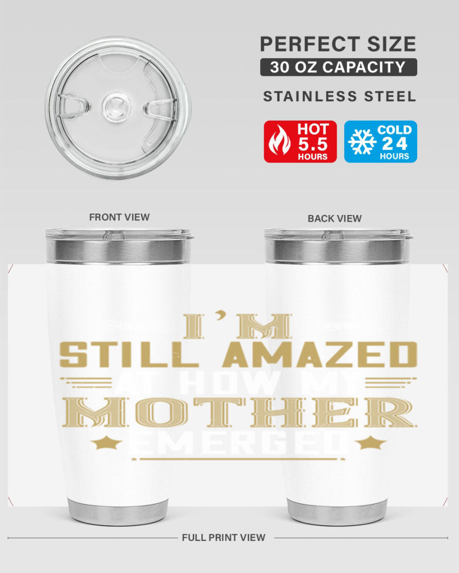 A stylish 20oz and 30oz stainless steel tumbler featuring a comforting design, perfect for keeping drinks hot or cold, showcasing the phrase about a mother's comforting embrace.