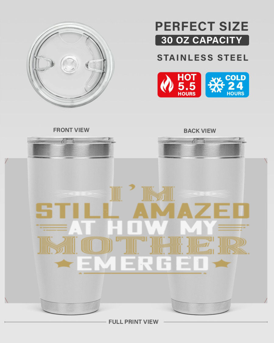 A stylish 20oz and 30oz stainless steel tumbler featuring a comforting design, perfect for keeping drinks hot or cold, showcasing the phrase about a mother's comforting embrace.