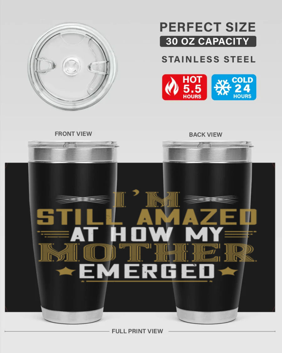A stylish 20oz and 30oz stainless steel tumbler featuring a comforting design, perfect for keeping drinks hot or cold, showcasing the phrase about a mother's comforting embrace.