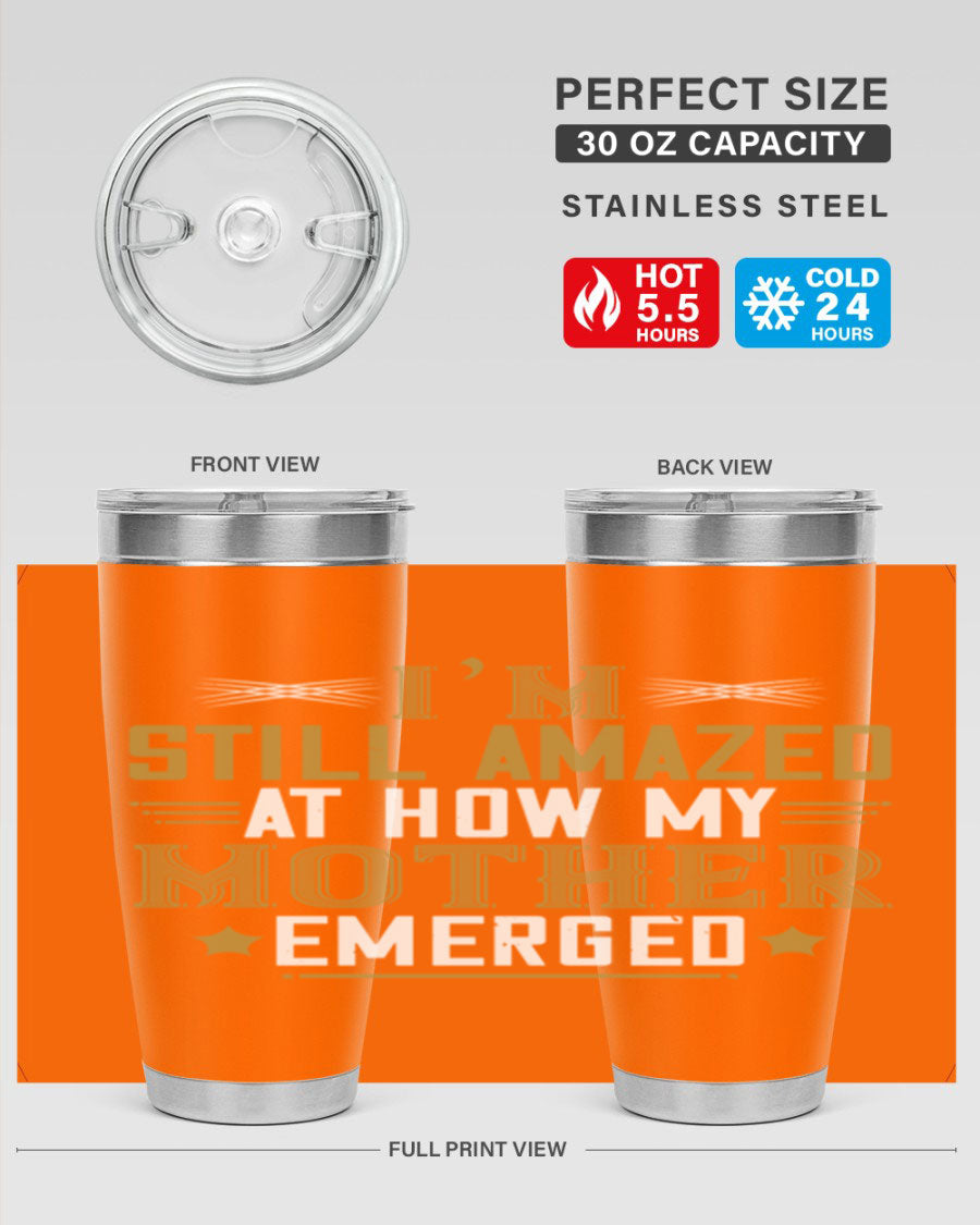 A stylish 20oz and 30oz stainless steel tumbler featuring a comforting design, perfect for keeping drinks hot or cold, showcasing the phrase about a mother's comforting embrace.
