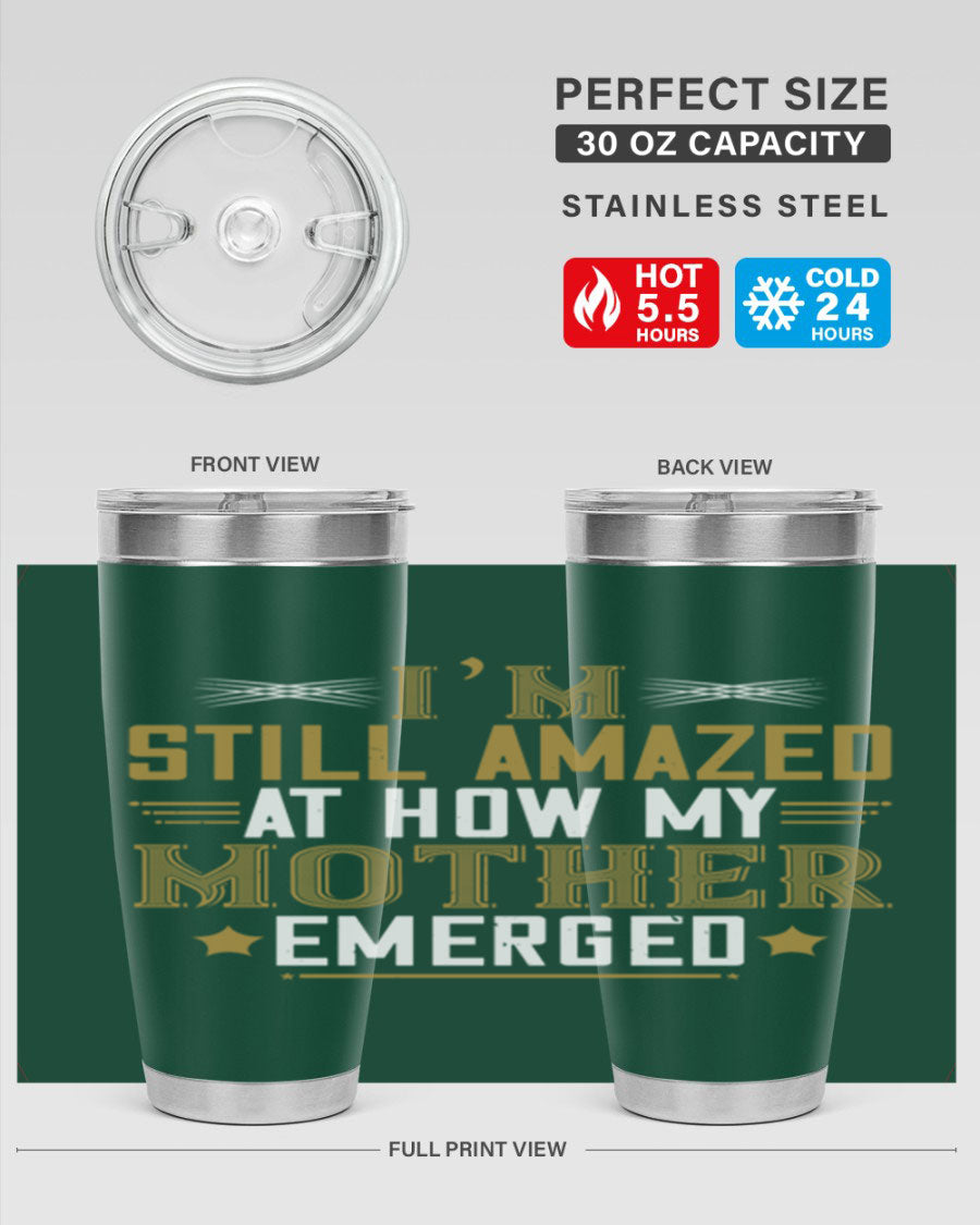 A stylish 20oz and 30oz stainless steel tumbler featuring a comforting design, perfect for keeping drinks hot or cold, showcasing the phrase about a mother's comforting embrace.