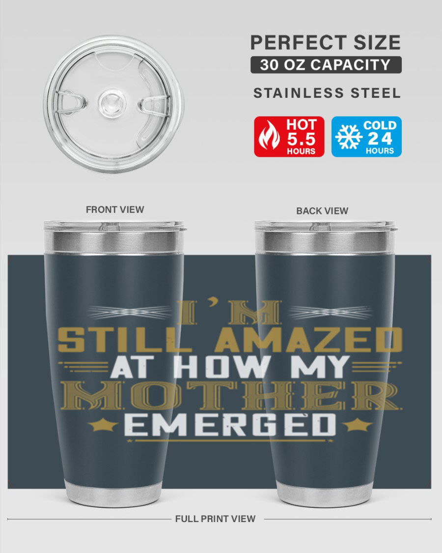 A stylish 20oz and 30oz stainless steel tumbler featuring a comforting design, perfect for keeping drinks hot or cold, showcasing the phrase about a mother's comforting embrace.