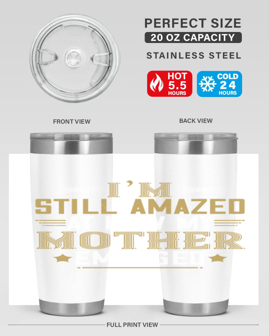 A stylish 20oz and 30oz stainless steel tumbler featuring a comforting design, perfect for keeping drinks hot or cold, showcasing the phrase about a mother's comforting embrace.
