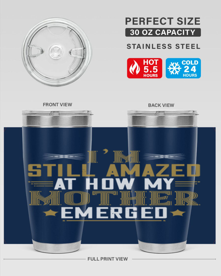 A stylish 20oz and 30oz stainless steel tumbler featuring a comforting design, perfect for keeping drinks hot or cold, showcasing the phrase about a mother's comforting embrace.