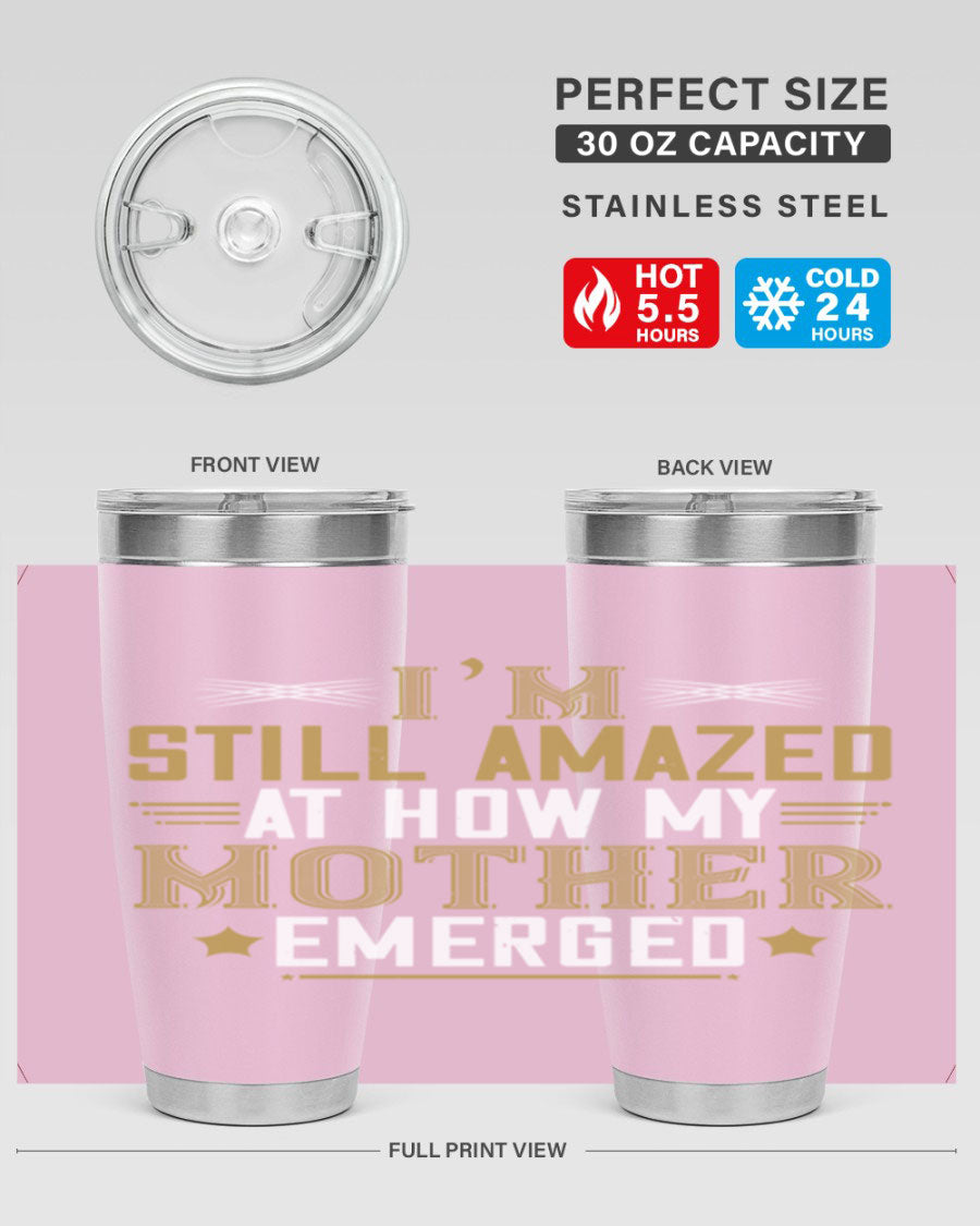A stylish 20oz and 30oz stainless steel tumbler featuring a comforting design, perfect for keeping drinks hot or cold, showcasing the phrase about a mother's comforting embrace.