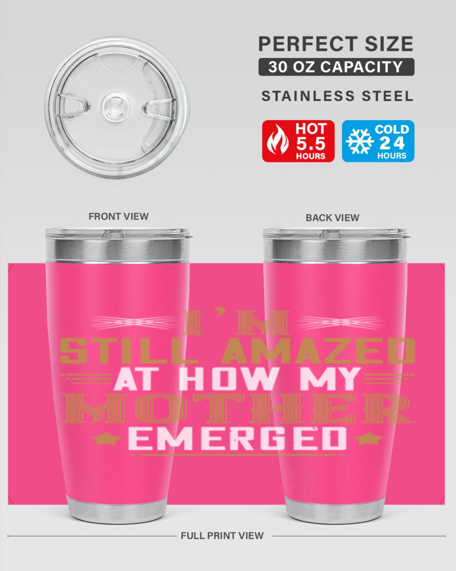 A stylish 20oz and 30oz stainless steel tumbler featuring a comforting design, perfect for keeping drinks hot or cold, showcasing the phrase about a mother's comforting embrace.