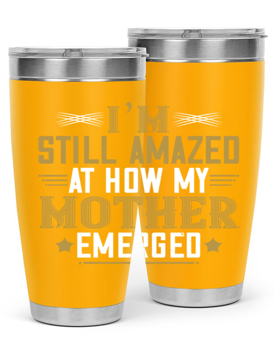 A stylish 20oz and 30oz stainless steel tumbler featuring a comforting design, perfect for keeping drinks hot or cold, showcasing the phrase about a mother's comforting embrace.