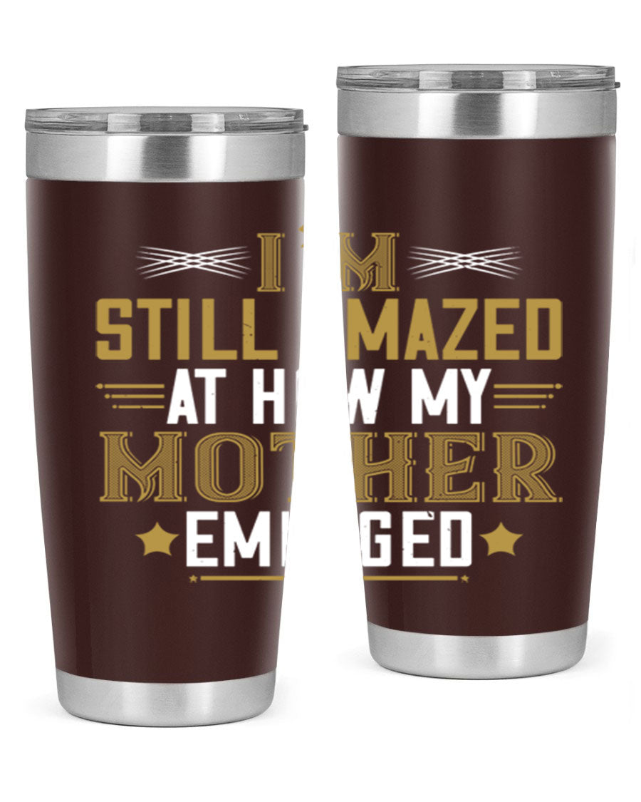 A stylish 20oz and 30oz stainless steel tumbler featuring a comforting design, perfect for keeping drinks hot or cold, showcasing the phrase about a mother's comforting embrace.