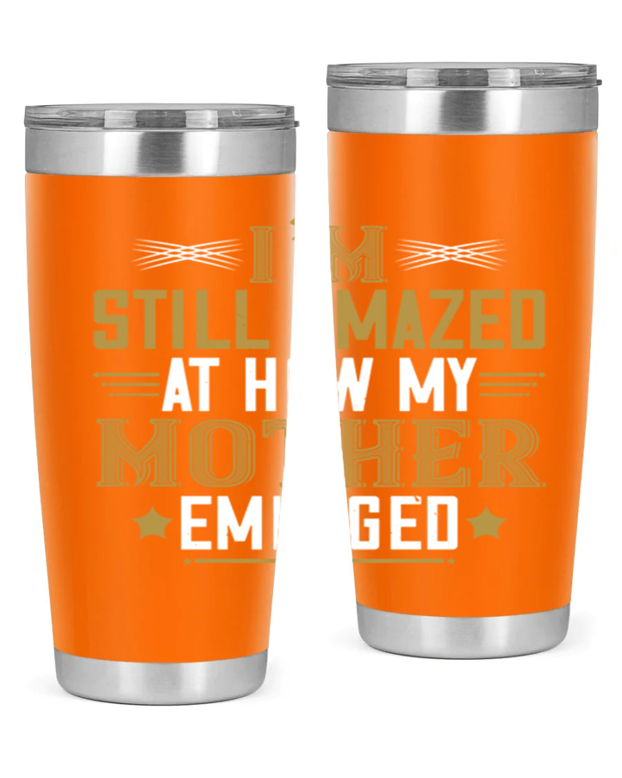 A stylish 20oz and 30oz stainless steel tumbler featuring a comforting design, perfect for keeping drinks hot or cold, showcasing the phrase about a mother's comforting embrace.