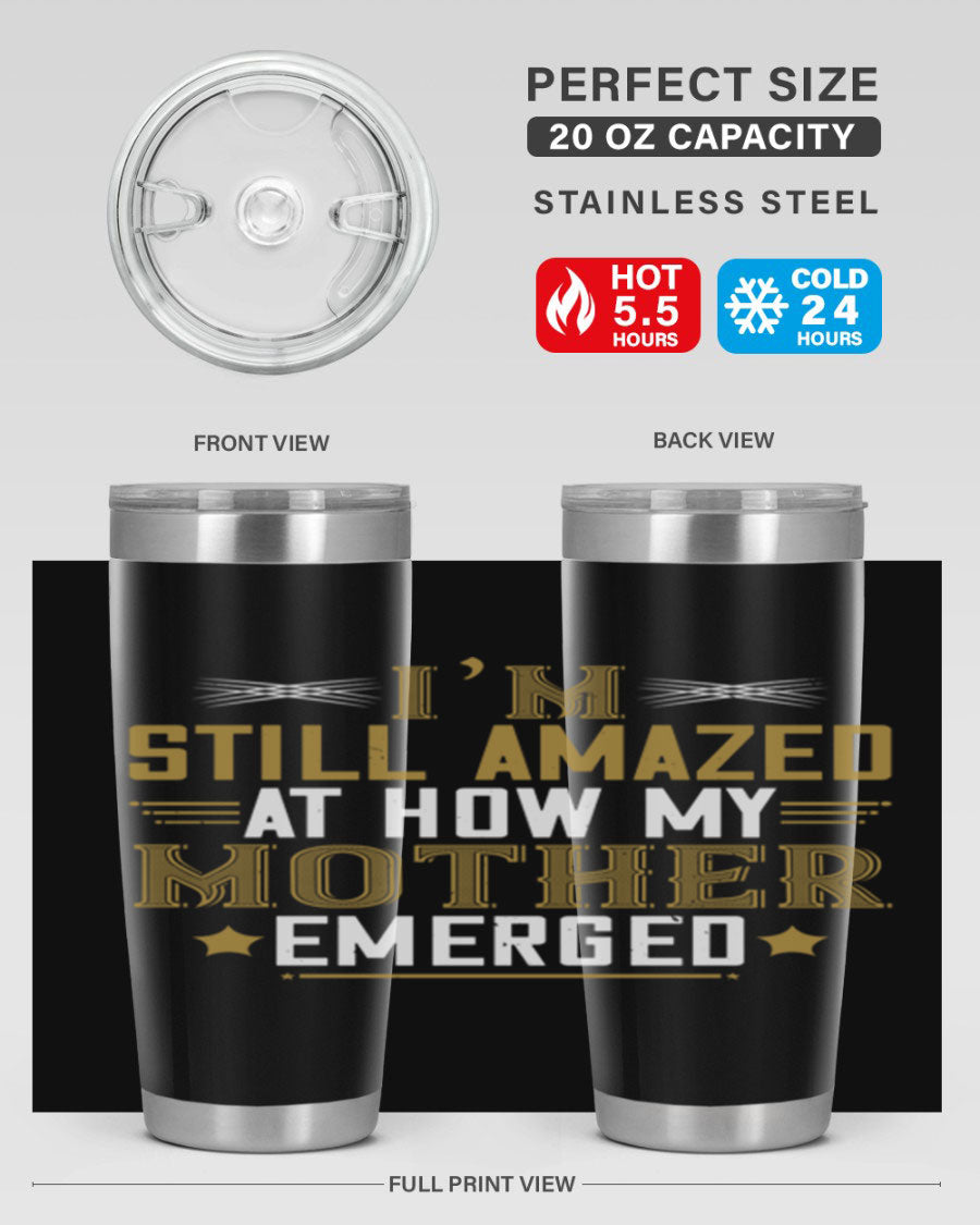 A stylish 20oz and 30oz stainless steel tumbler featuring a comforting design, perfect for keeping drinks hot or cold, showcasing the phrase about a mother's comforting embrace.