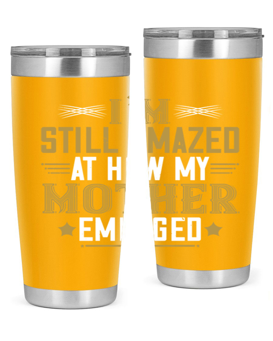 A stylish 20oz and 30oz stainless steel tumbler featuring a comforting design, perfect for keeping drinks hot or cold, showcasing the phrase about a mother's comforting embrace.