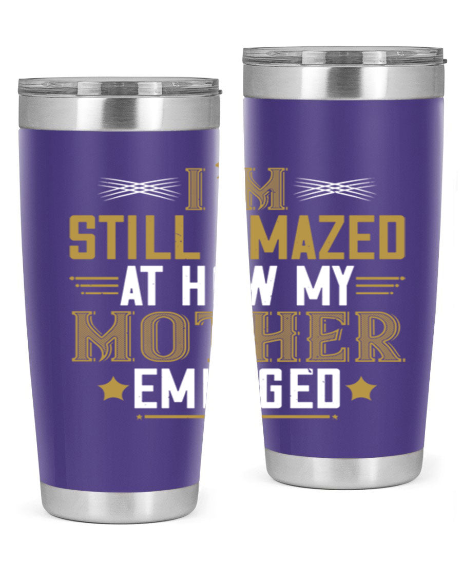 A stylish 20oz and 30oz stainless steel tumbler featuring a comforting design, perfect for keeping drinks hot or cold, showcasing the phrase about a mother's comforting embrace.