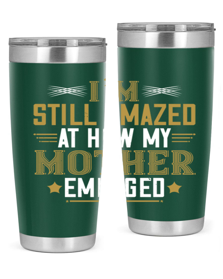 A stylish 20oz and 30oz stainless steel tumbler featuring a comforting design, perfect for keeping drinks hot or cold, showcasing the phrase about a mother's comforting embrace.