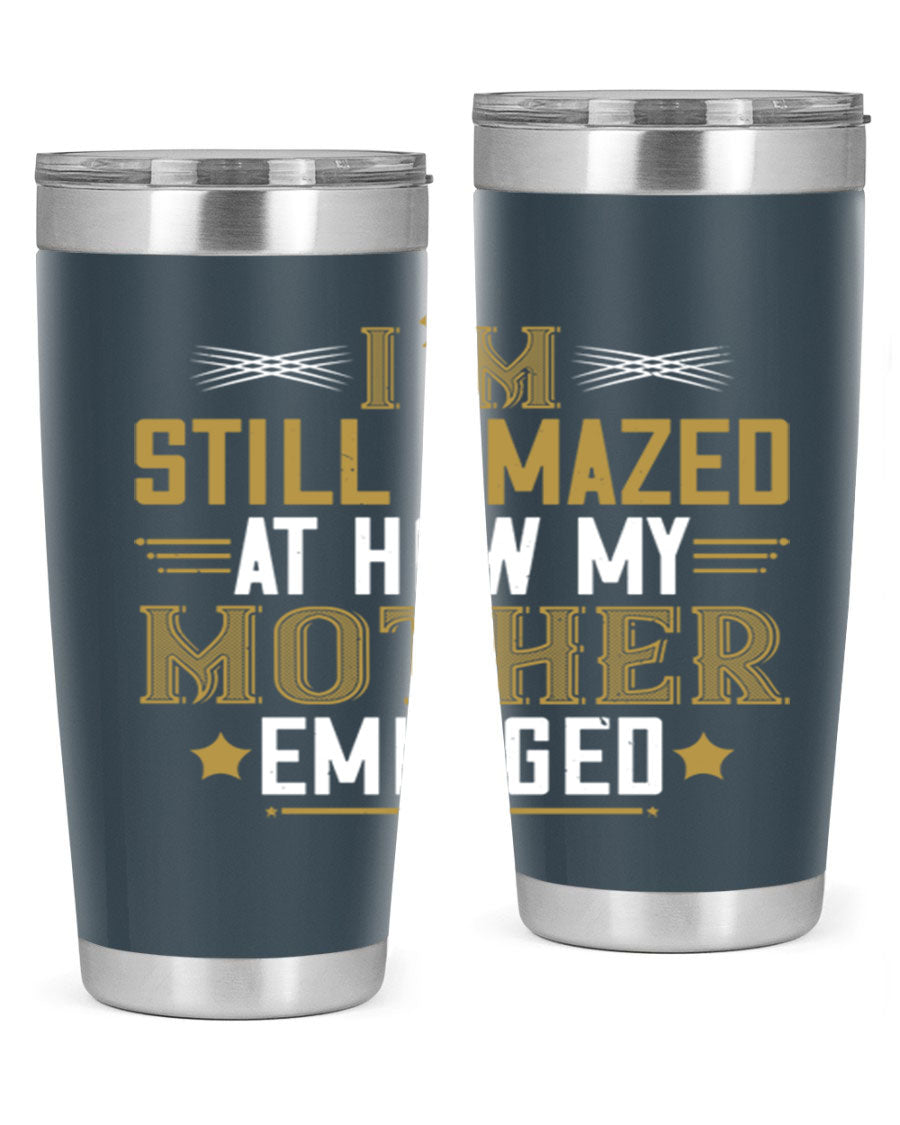 A stylish 20oz and 30oz stainless steel tumbler featuring a comforting design, perfect for keeping drinks hot or cold, showcasing the phrase about a mother's comforting embrace.
