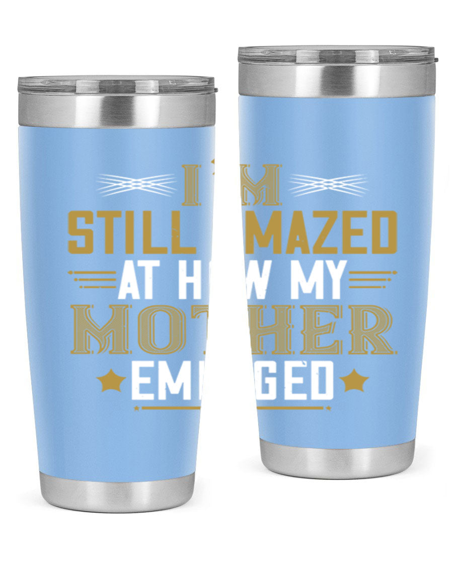 A stylish 20oz and 30oz stainless steel tumbler featuring a comforting design, perfect for keeping drinks hot or cold, showcasing the phrase about a mother's comforting embrace.