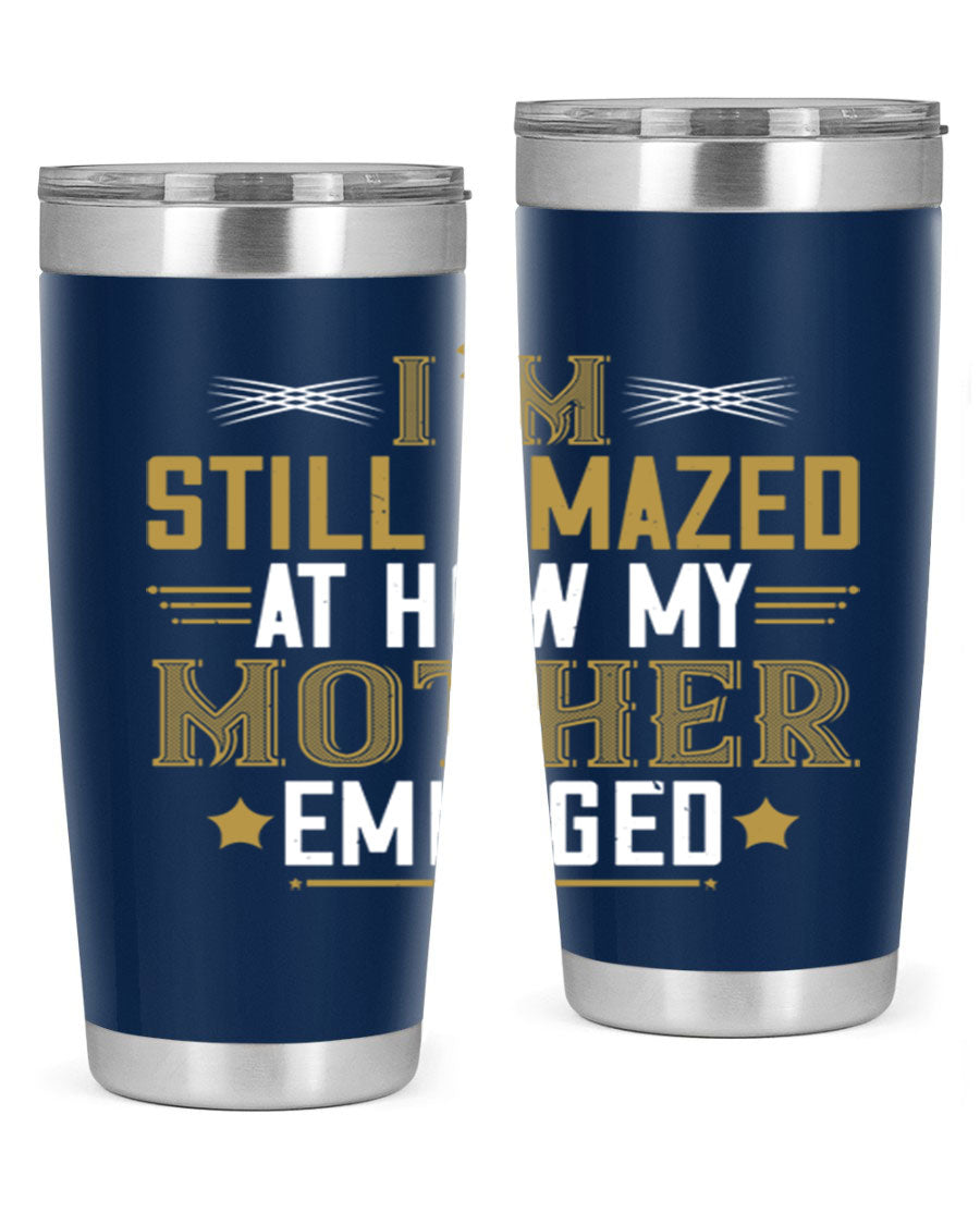 A stylish 20oz and 30oz stainless steel tumbler featuring a comforting design, perfect for keeping drinks hot or cold, showcasing the phrase about a mother's comforting embrace.