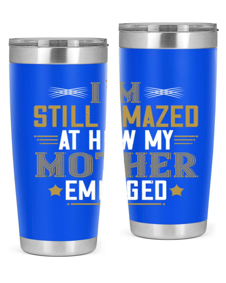 A stylish 20oz and 30oz stainless steel tumbler featuring a comforting design, perfect for keeping drinks hot or cold, showcasing the phrase about a mother's comforting embrace.
