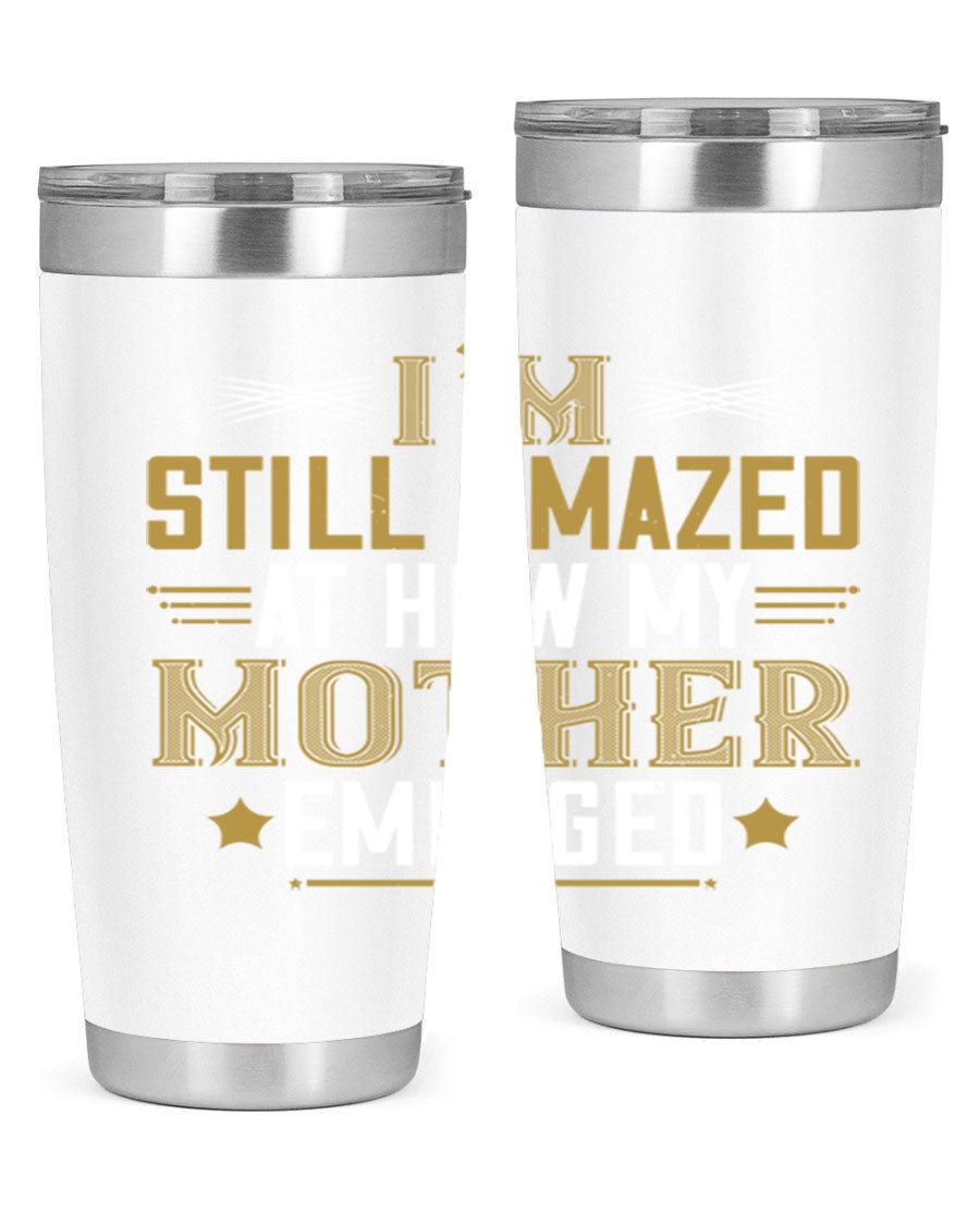 A stylish 20oz and 30oz stainless steel tumbler featuring a comforting design, perfect for keeping drinks hot or cold, showcasing the phrase about a mother's comforting embrace.