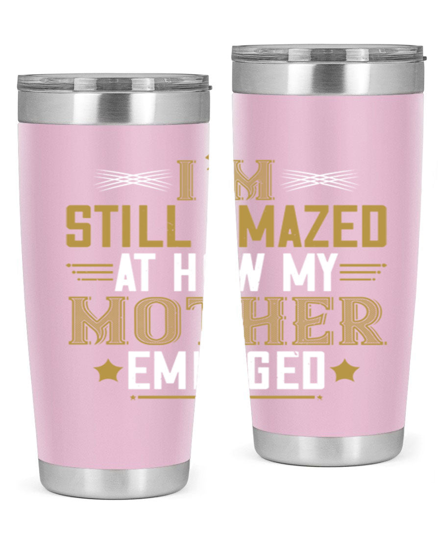 A stylish 20oz and 30oz stainless steel tumbler featuring a comforting design, perfect for keeping drinks hot or cold, showcasing the phrase about a mother's comforting embrace.