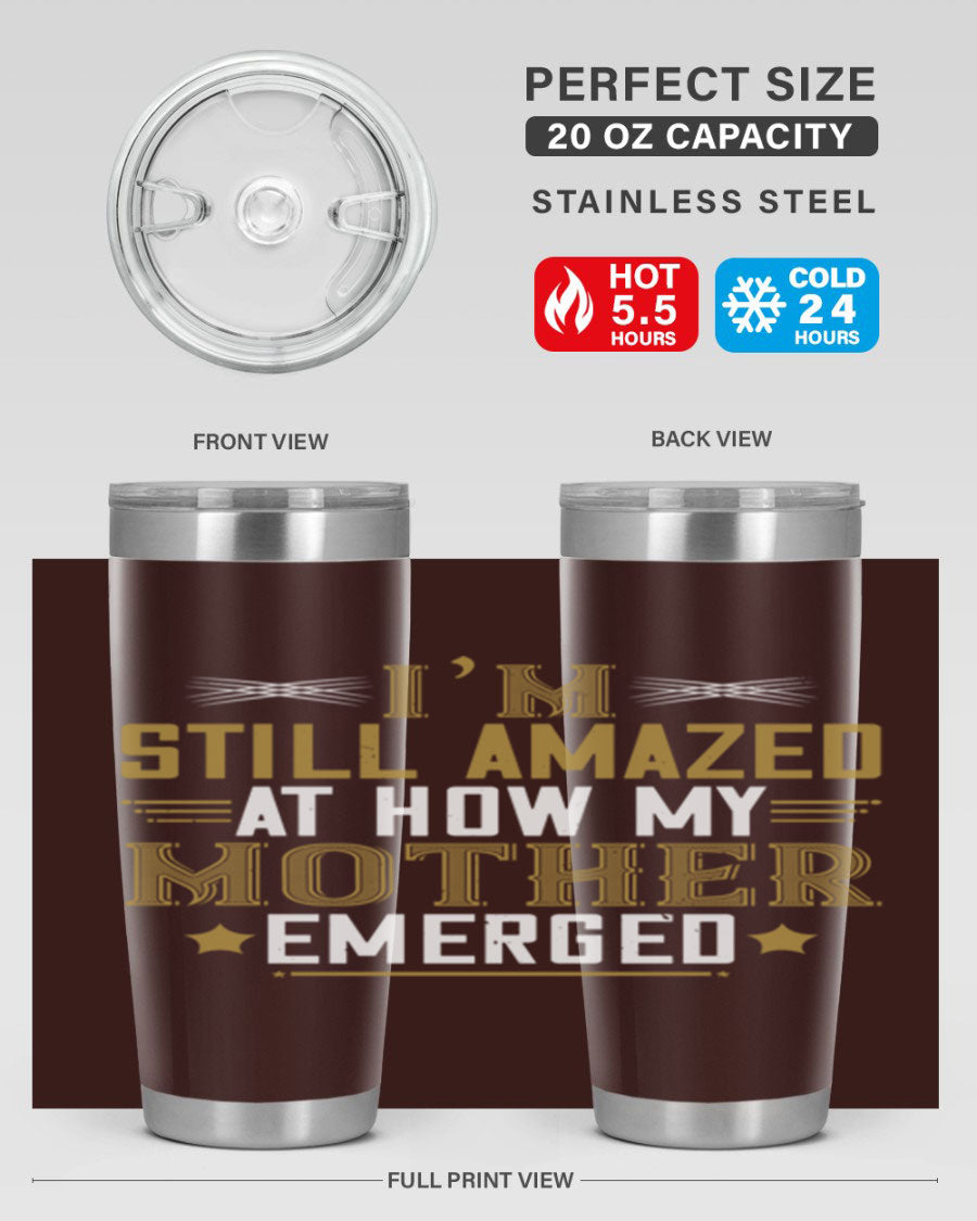 A stylish 20oz and 30oz stainless steel tumbler featuring a comforting design, perfect for keeping drinks hot or cold, showcasing the phrase about a mother's comforting embrace.