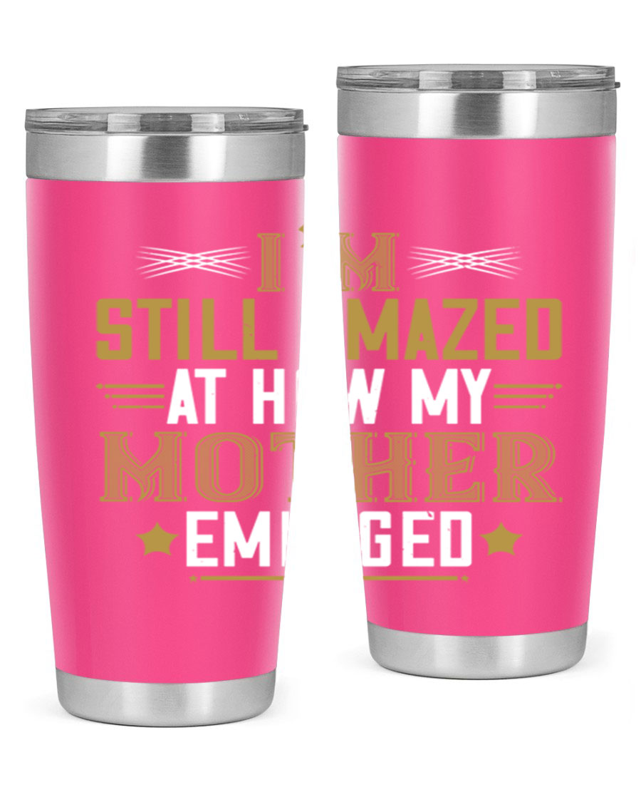 A stylish 20oz and 30oz stainless steel tumbler featuring a comforting design, perfect for keeping drinks hot or cold, showcasing the phrase about a mother's comforting embrace.