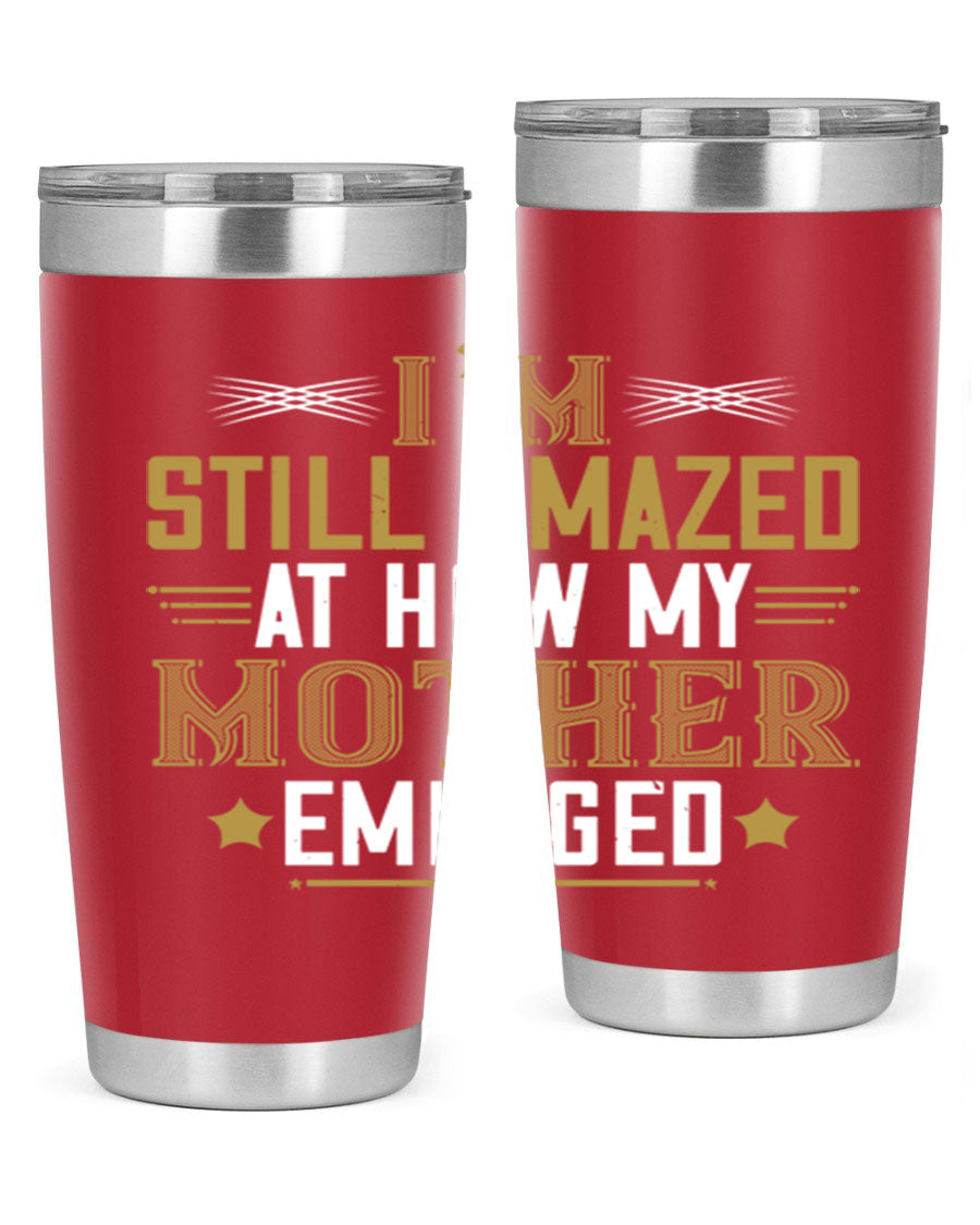 A stylish 20oz and 30oz stainless steel tumbler featuring a comforting design, perfect for keeping drinks hot or cold, showcasing the phrase about a mother's comforting embrace.