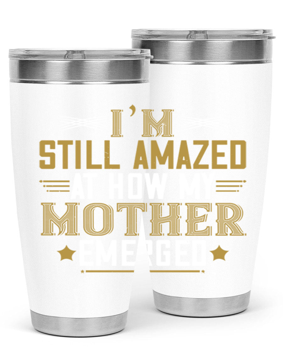 A stylish 20oz and 30oz stainless steel tumbler featuring a comforting design, perfect for keeping drinks hot or cold, showcasing the phrase about a mother's comforting embrace.