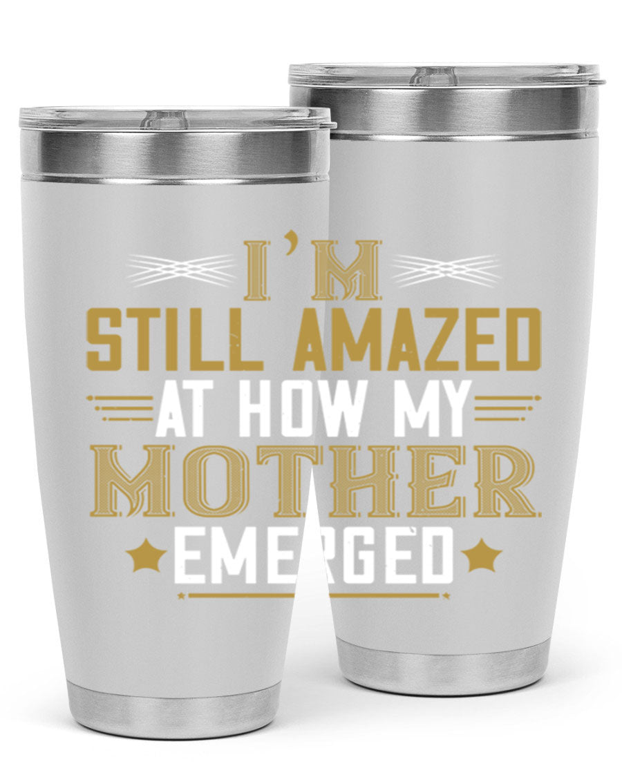 A stylish 20oz and 30oz stainless steel tumbler featuring a comforting design, perfect for keeping drinks hot or cold, showcasing the phrase about a mother's comforting embrace.