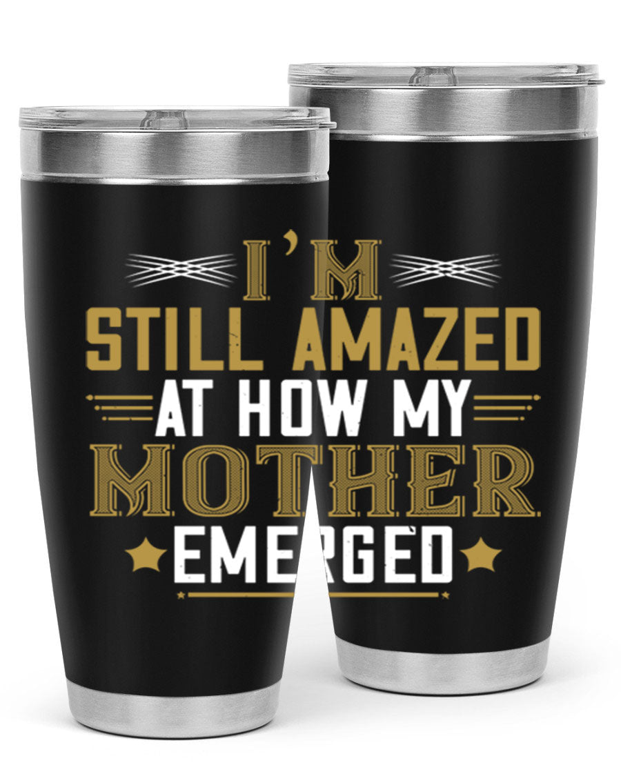 A stylish 20oz and 30oz stainless steel tumbler featuring a comforting design, perfect for keeping drinks hot or cold, showcasing the phrase about a mother's comforting embrace.