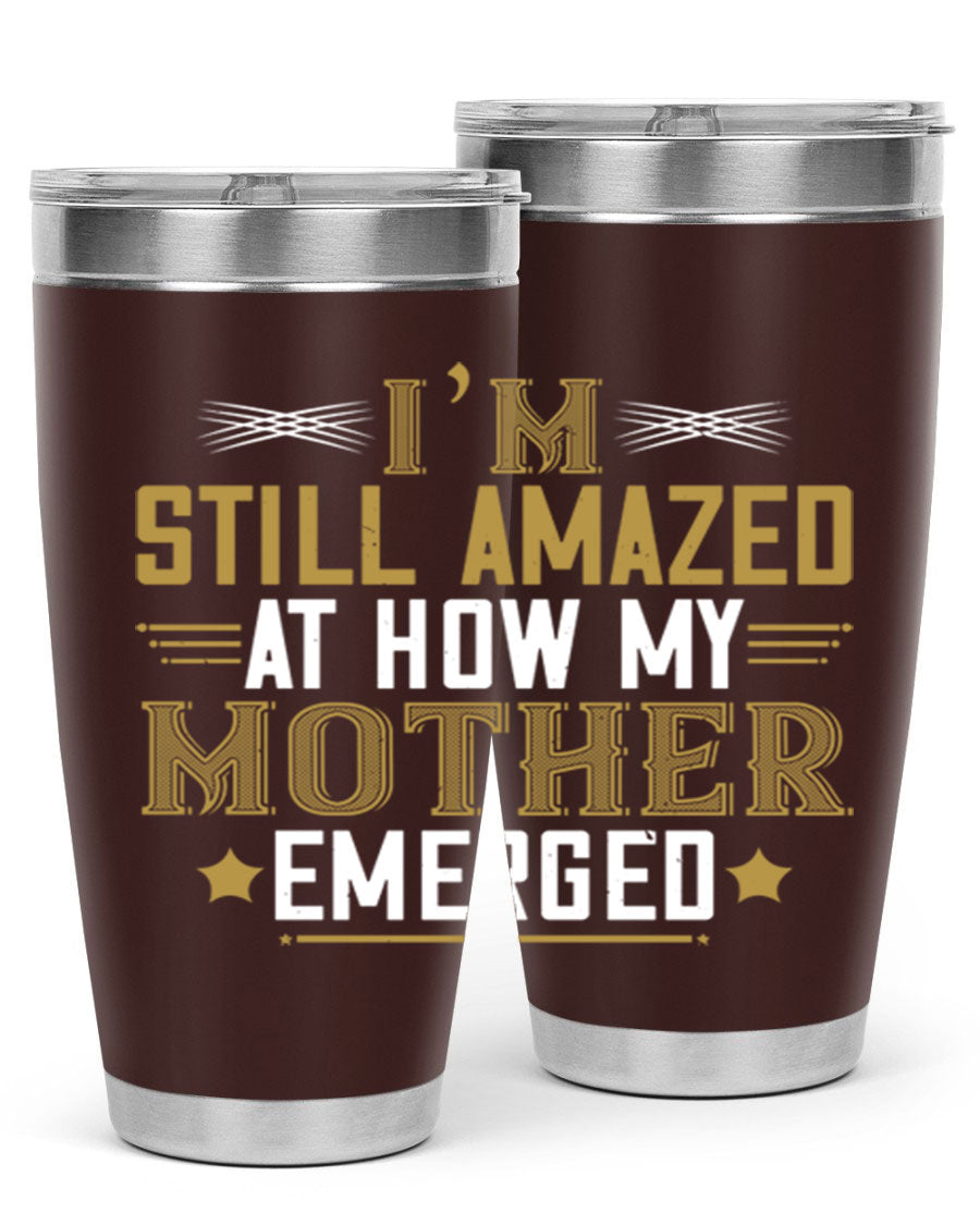 A stylish 20oz and 30oz stainless steel tumbler featuring a comforting design, perfect for keeping drinks hot or cold, showcasing the phrase about a mother's comforting embrace.