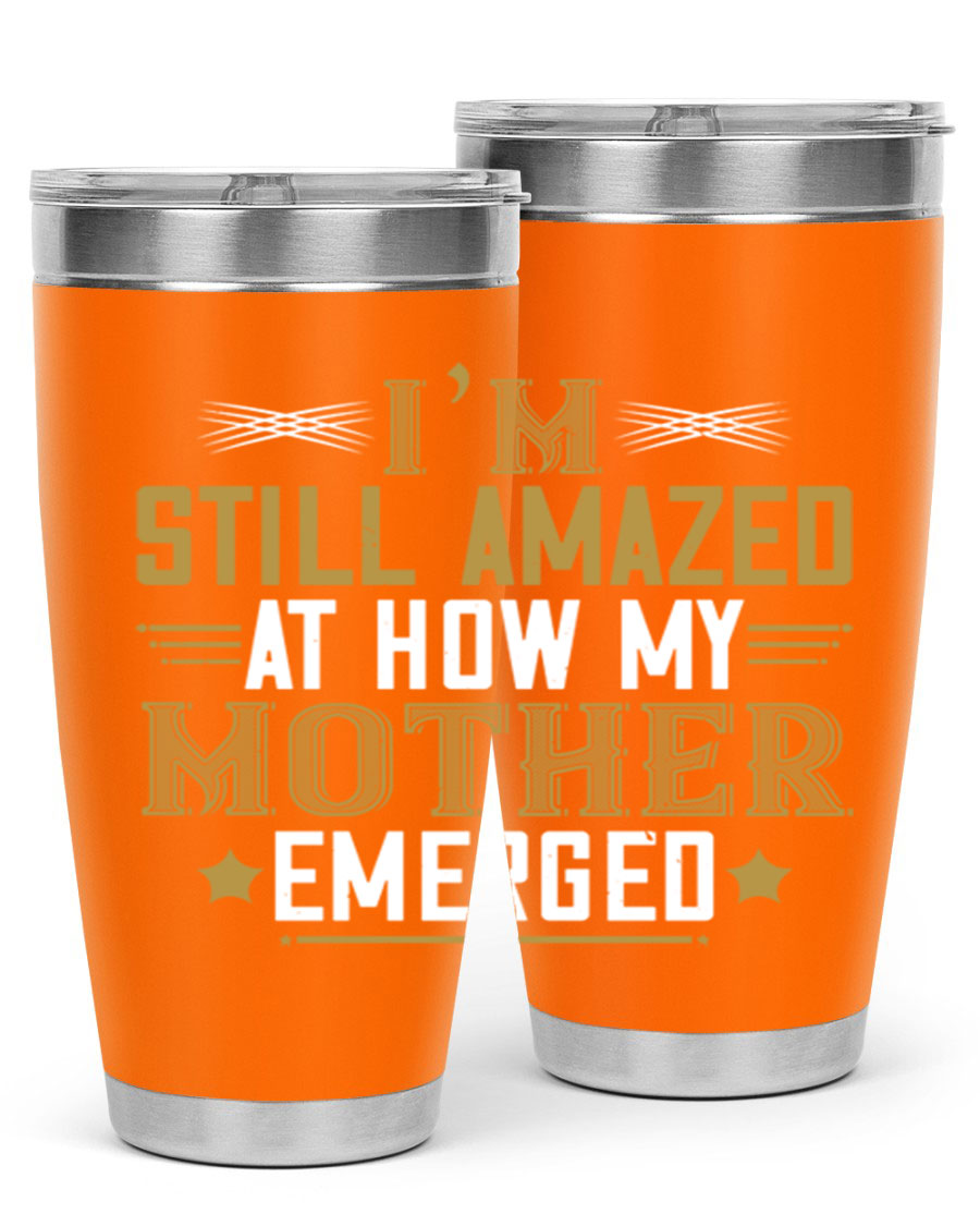 A stylish 20oz and 30oz stainless steel tumbler featuring a comforting design, perfect for keeping drinks hot or cold, showcasing the phrase about a mother's comforting embrace.
