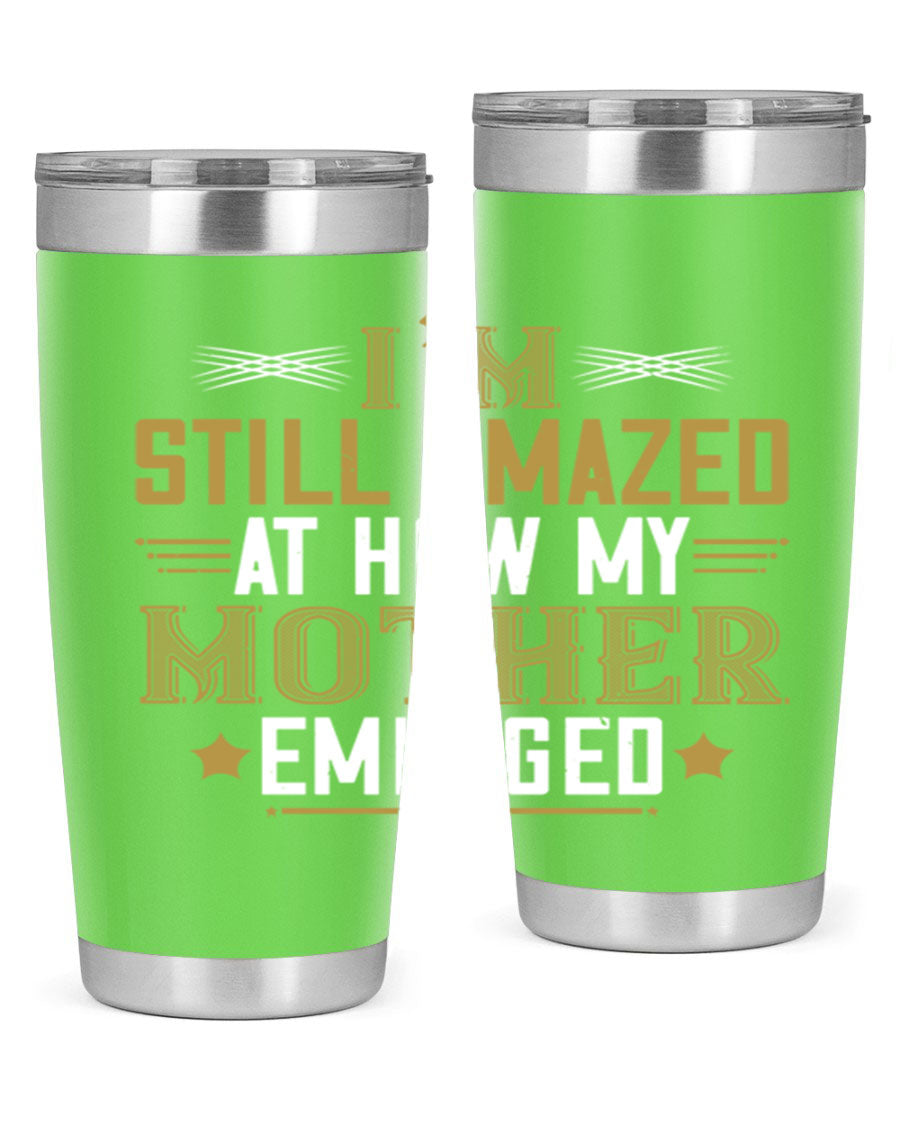 A stylish 20oz and 30oz stainless steel tumbler featuring a comforting design, perfect for keeping drinks hot or cold, showcasing the phrase about a mother's comforting embrace.