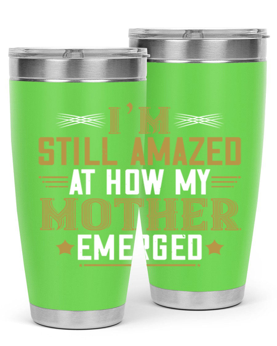 A stylish 20oz and 30oz stainless steel tumbler featuring a comforting design, perfect for keeping drinks hot or cold, showcasing the phrase about a mother's comforting embrace.