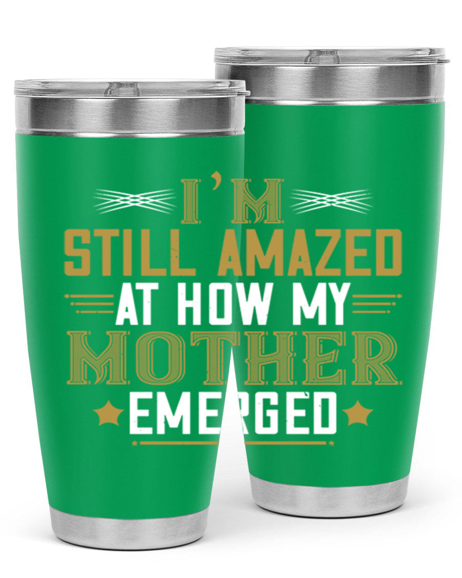 A stylish 20oz and 30oz stainless steel tumbler featuring a comforting design, perfect for keeping drinks hot or cold, showcasing the phrase about a mother's comforting embrace.