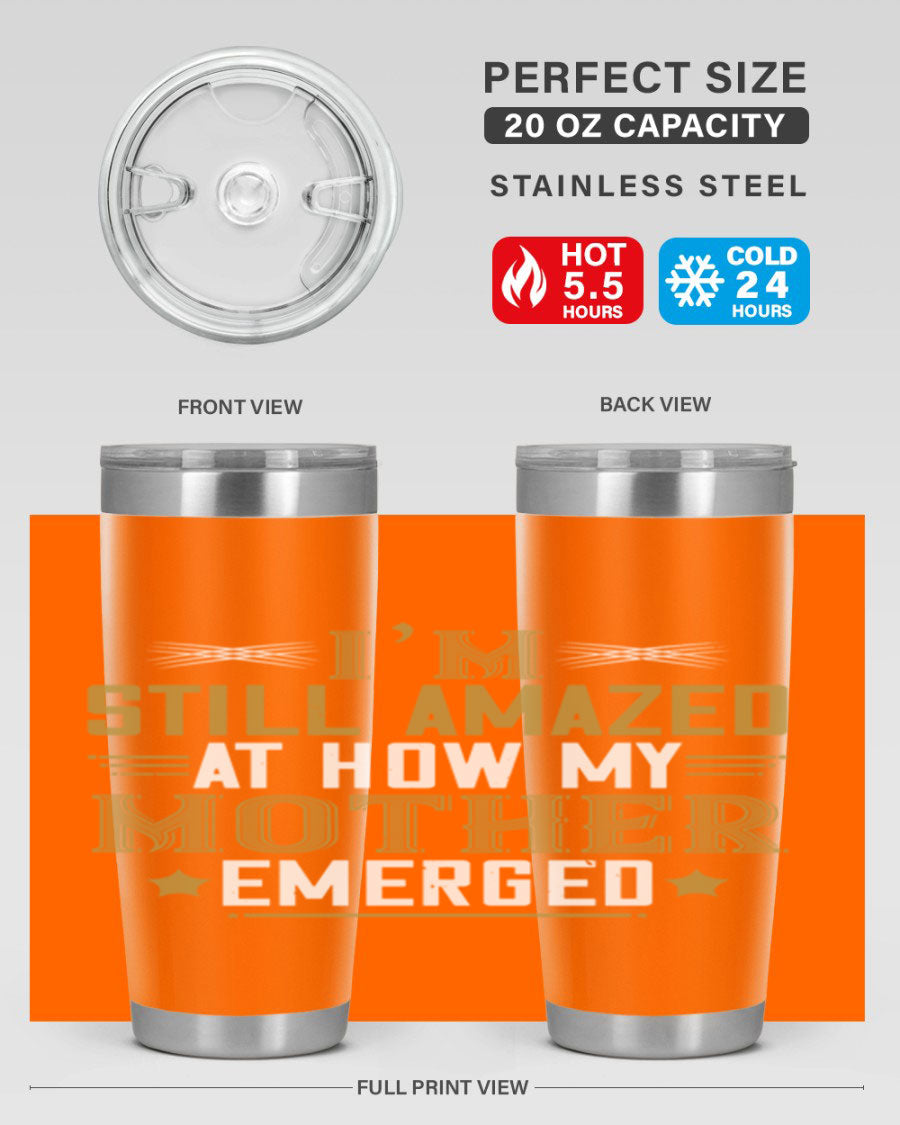 A stylish 20oz and 30oz stainless steel tumbler featuring a comforting design, perfect for keeping drinks hot or cold, showcasing the phrase about a mother's comforting embrace.