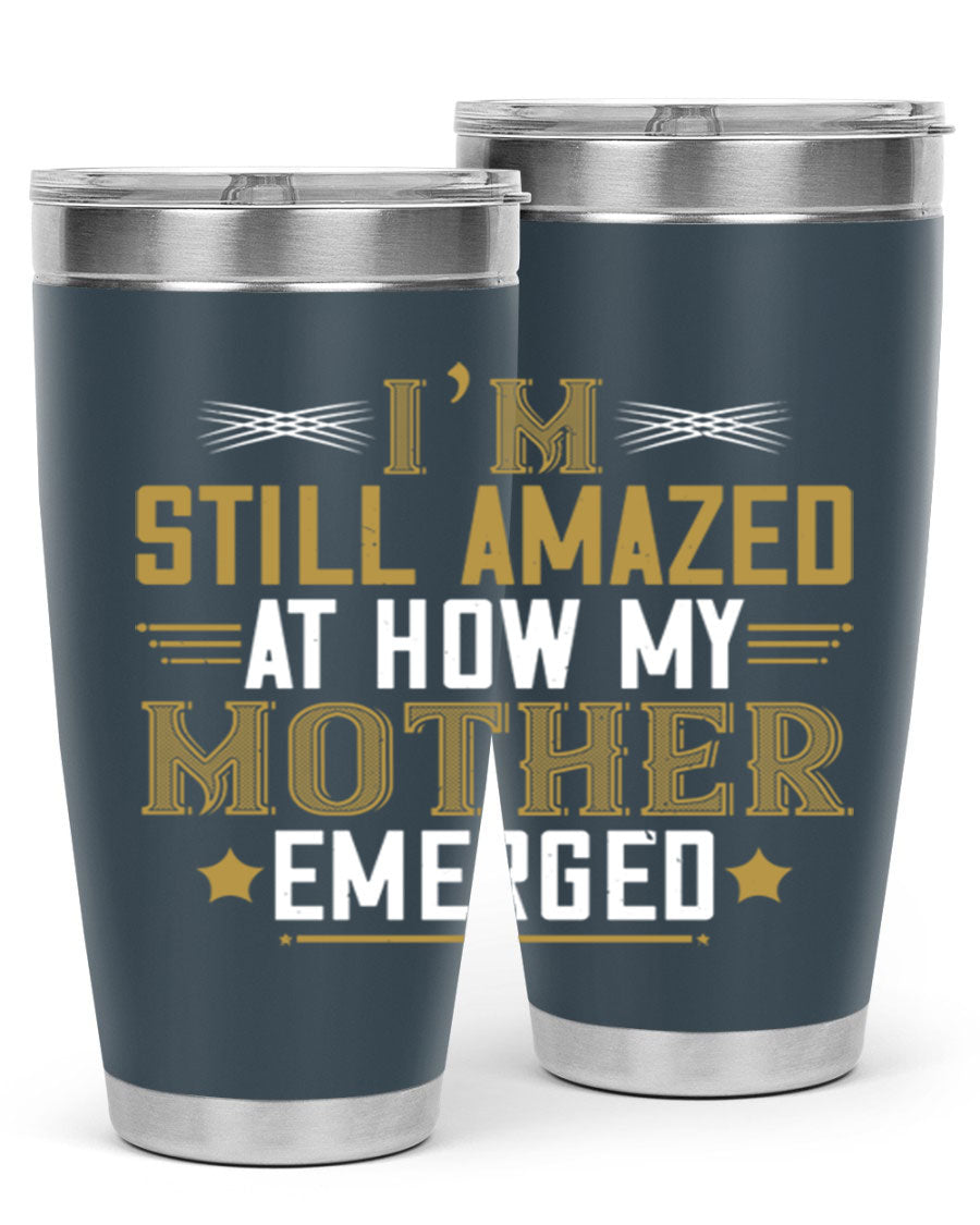 A stylish 20oz and 30oz stainless steel tumbler featuring a comforting design, perfect for keeping drinks hot or cold, showcasing the phrase about a mother's comforting embrace.