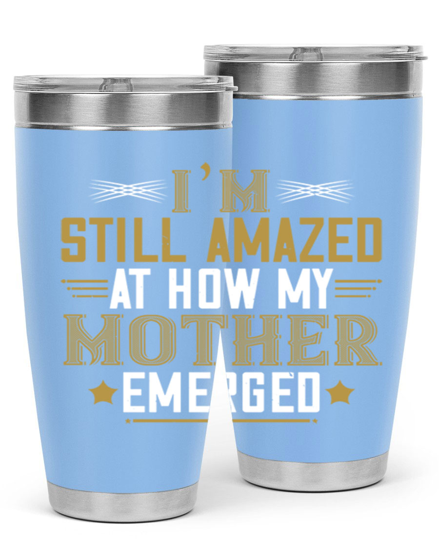 A stylish 20oz and 30oz stainless steel tumbler featuring a comforting design, perfect for keeping drinks hot or cold, showcasing the phrase about a mother's comforting embrace.
