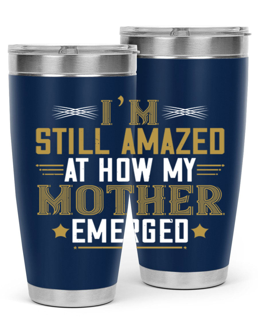 A stylish 20oz and 30oz stainless steel tumbler featuring a comforting design, perfect for keeping drinks hot or cold, showcasing the phrase about a mother's comforting embrace.