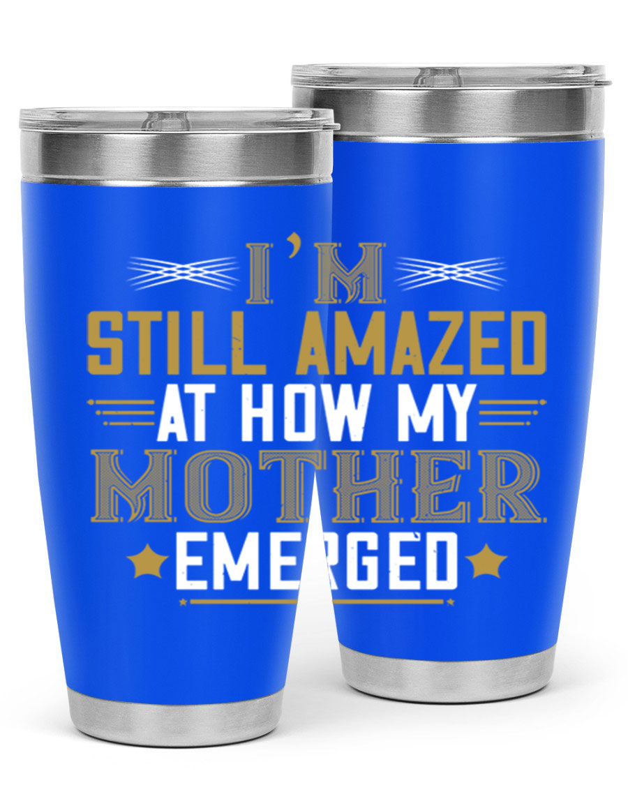 A stylish 20oz and 30oz stainless steel tumbler featuring a comforting design, perfect for keeping drinks hot or cold, showcasing the phrase about a mother's comforting embrace.