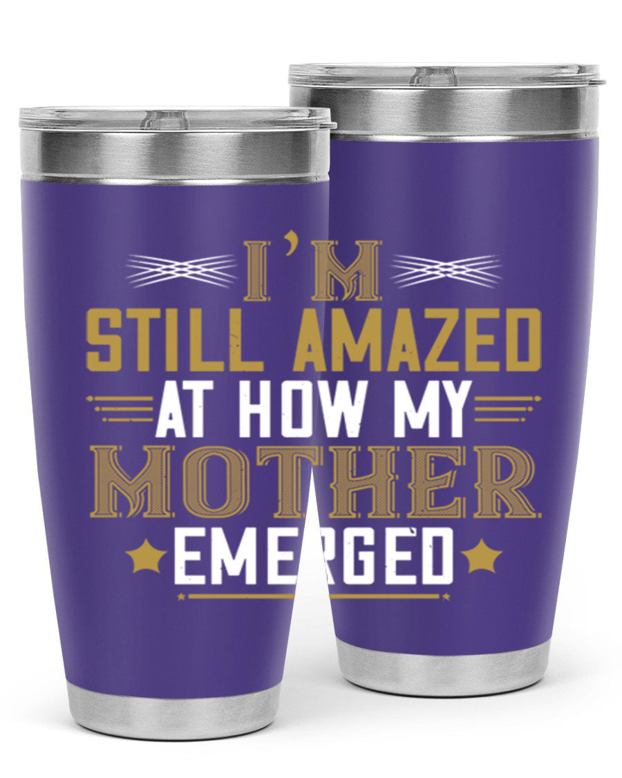 A stylish 20oz and 30oz stainless steel tumbler featuring a comforting design, perfect for keeping drinks hot or cold, showcasing the phrase about a mother's comforting embrace.