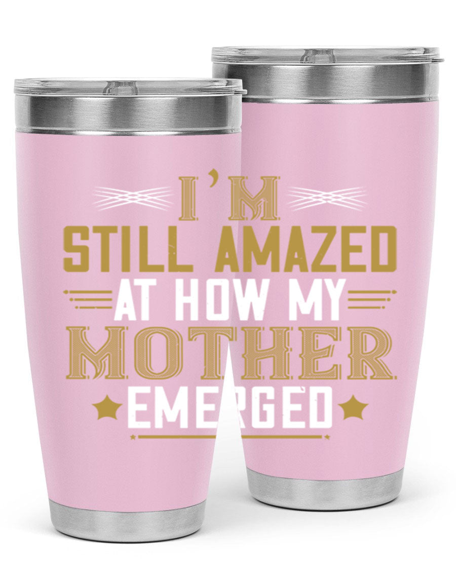 A stylish 20oz and 30oz stainless steel tumbler featuring a comforting design, perfect for keeping drinks hot or cold, showcasing the phrase about a mother's comforting embrace.