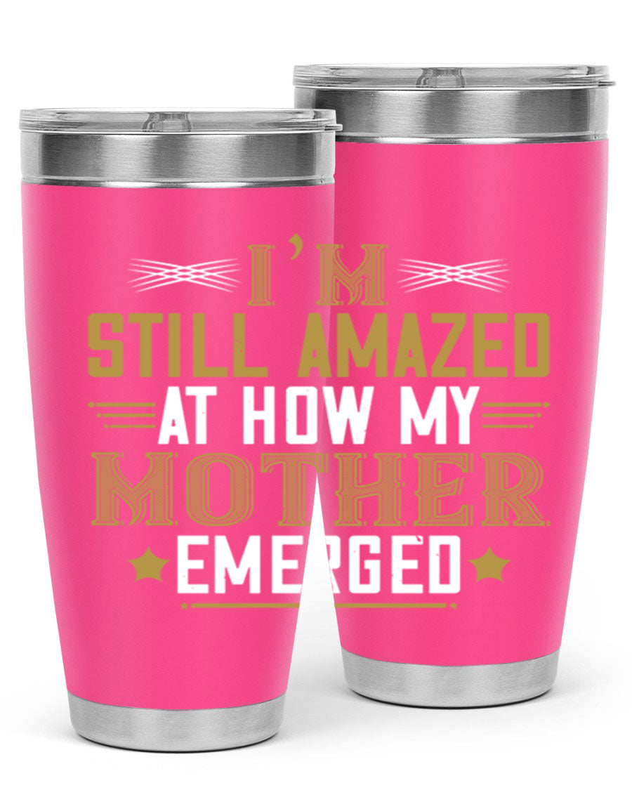 A stylish 20oz and 30oz stainless steel tumbler featuring a comforting design, perfect for keeping drinks hot or cold, showcasing the phrase about a mother's comforting embrace.