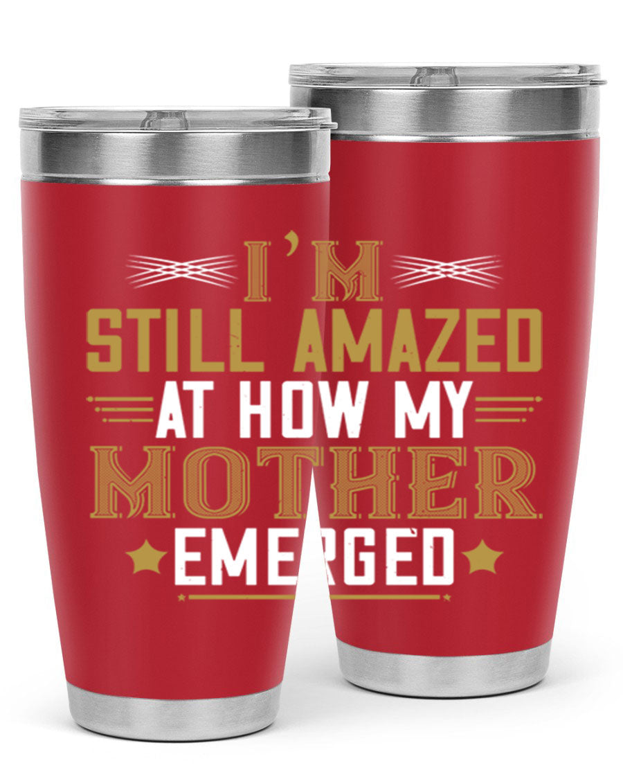 A stylish 20oz and 30oz stainless steel tumbler featuring a comforting design, perfect for keeping drinks hot or cold, showcasing the phrase about a mother's comforting embrace.