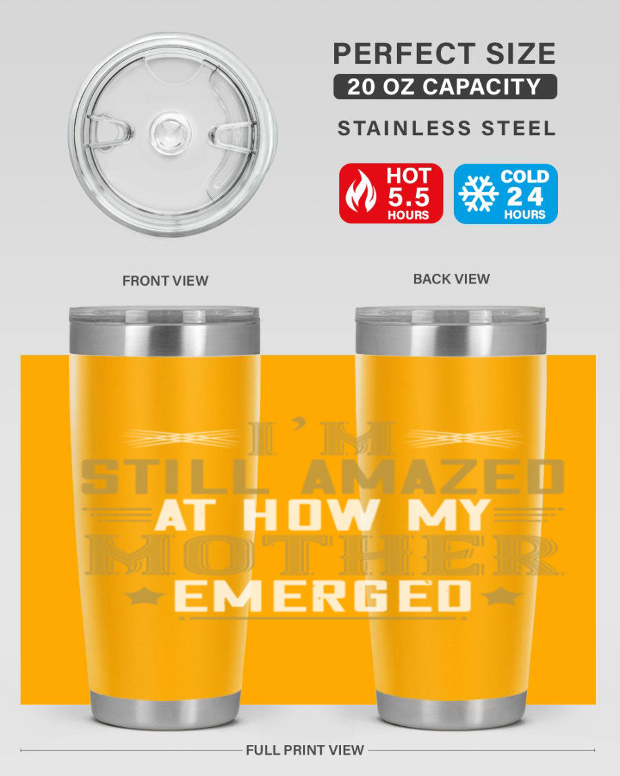 A stylish 20oz and 30oz stainless steel tumbler featuring a comforting design, perfect for keeping drinks hot or cold, showcasing the phrase about a mother's comforting embrace.