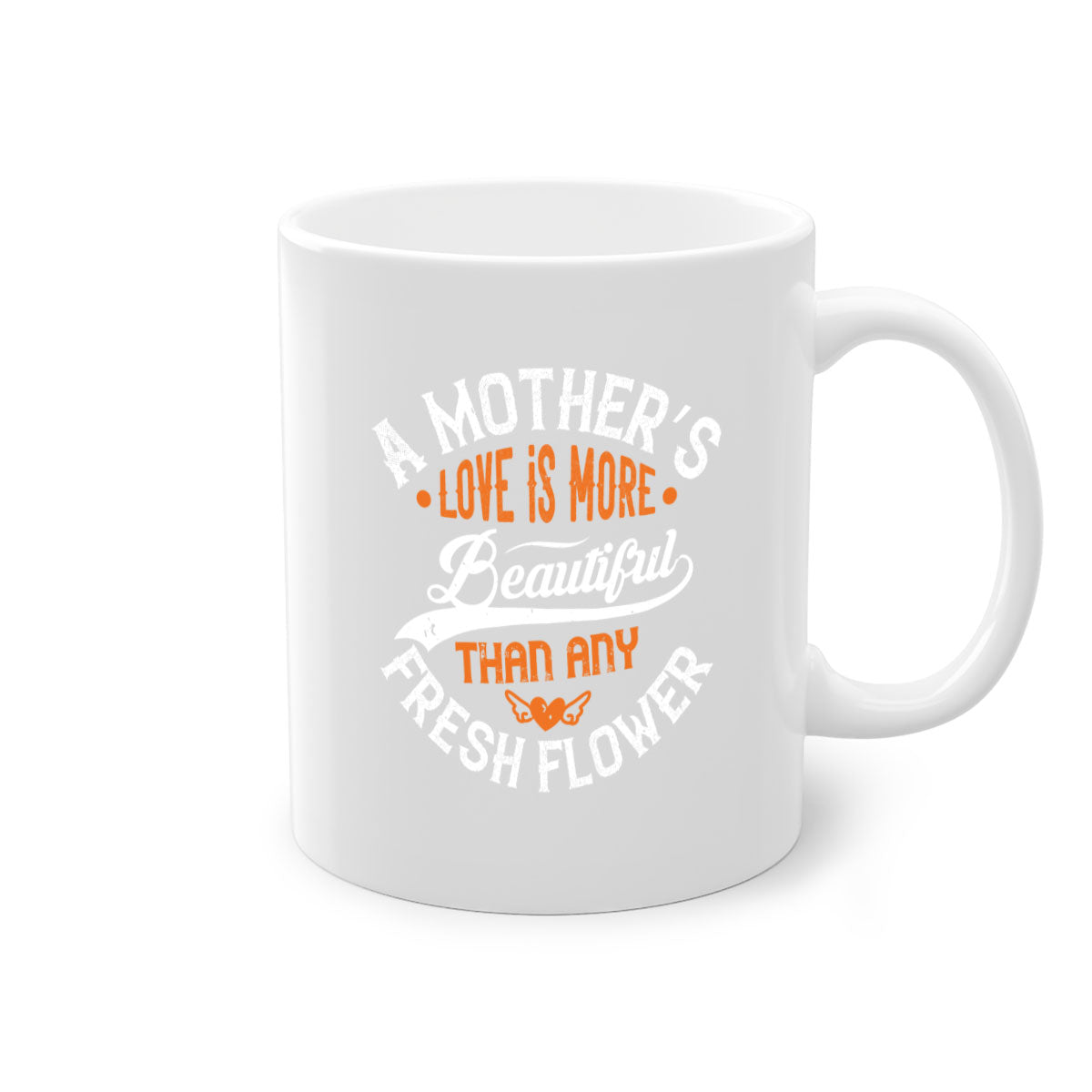A two-tone ceramic coffee mug with a colored handle and interior, featuring the phrase 'A Mother's Love is More' in an elegant font.