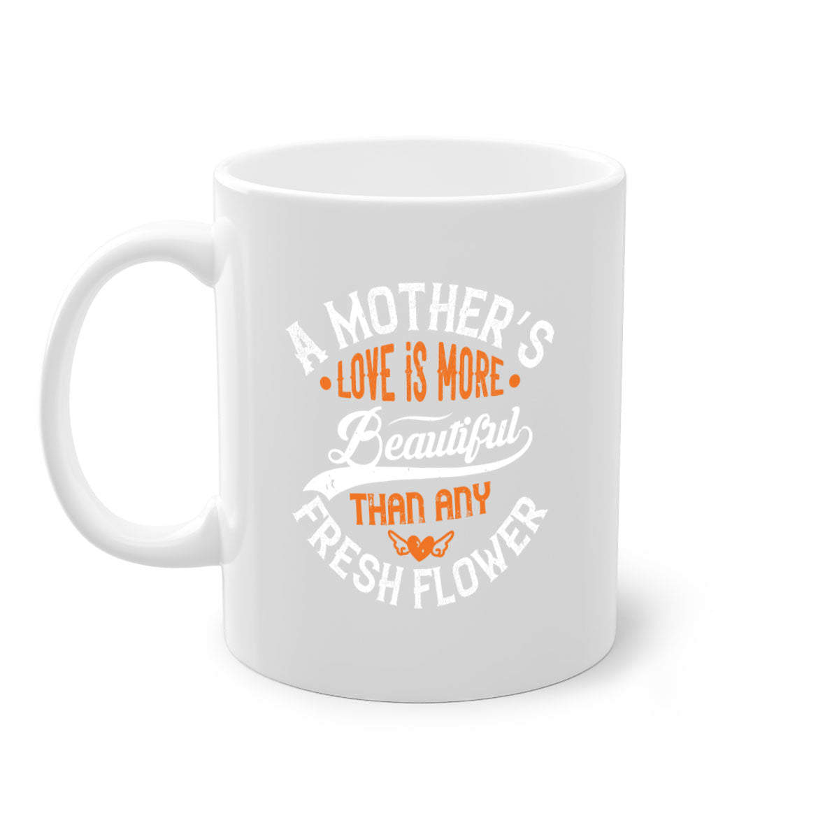 A two-tone ceramic coffee mug with a colored handle and interior, featuring the phrase 'A Mother's Love is More' in an elegant font.