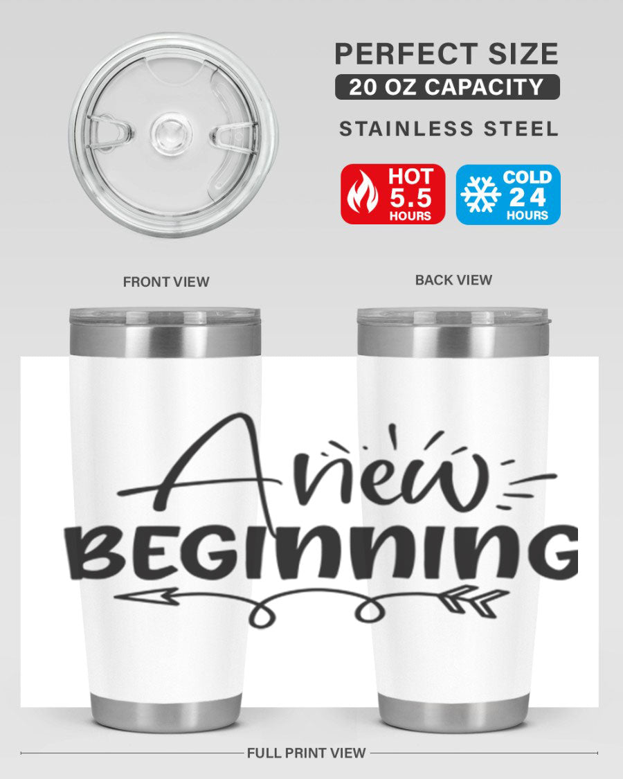 A New Beginning 20oz Tumbler in stainless steel with a vibrant spring design, showcasing its double wall vacuum insulation and drink-thru lid.