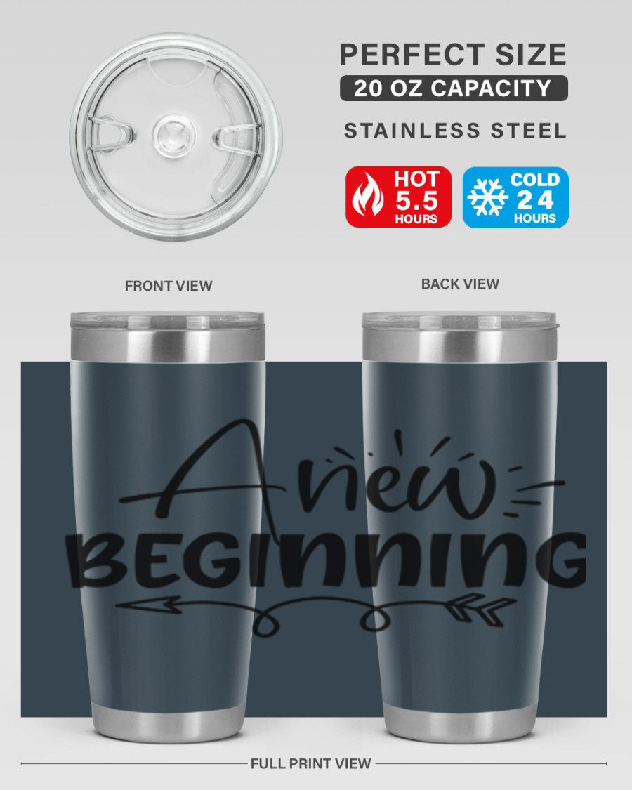 A New Beginning 20oz Tumbler in stainless steel with a vibrant spring design, showcasing its double wall vacuum insulation and drink-thru lid.