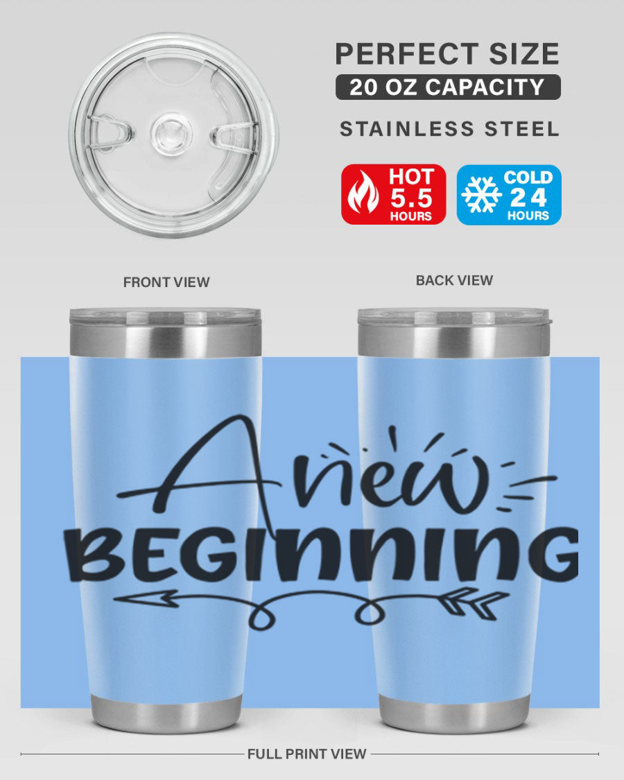 A New Beginning 20oz Tumbler in stainless steel with a vibrant spring design, showcasing its double wall vacuum insulation and drink-thru lid.